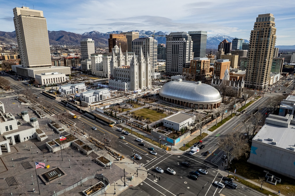 (Trent Nelson | The Salt Lake Tribune) The intersection of North and West Temple in Salt Lake City on Friday, Feb. 27, 2026. Millions are expected to flock to Temple Square next year as the Salt Lake Temple reopens after seven years of extensive renovations.