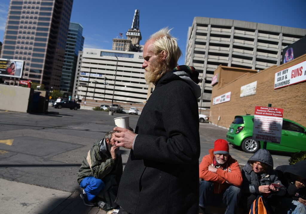 (Francisco Kjolseth | The Salt Lake Tribune) Nathan Christian, who was homeless for nine years before securing housing recently, says he almost lost his feet twice to frostbite, as he passes the time walking the streets of downtown Salt Lake City on Thursday, Oct. 10, 2019.
