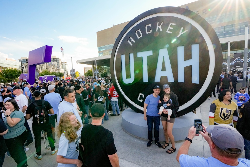 (Francisco Kjolseth | The Salt Lake Tribune) Fans gather as Utah Hockey Club's first NHL season kicks off at the Delta Center in Salt Lake City on Tuesday, Oct. 8, 2024. The team's arrival in Utah has given a boost to youth hockey programs in the state.