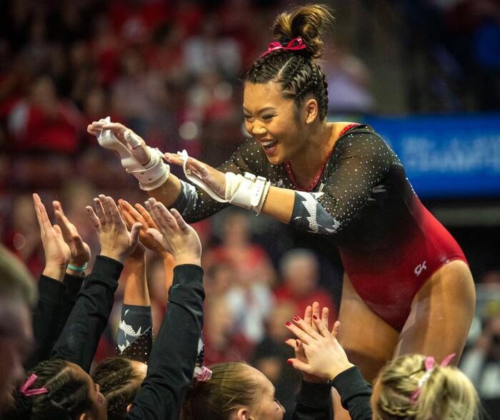 (Rick Egan  |  The Salt Lake Tribune)     Kari Lee celebrates after her uneven bars routine for Utah, in the PAC-12 Gymnastics Championships at the Maverik Center, Saturday, March 23, 2019.


