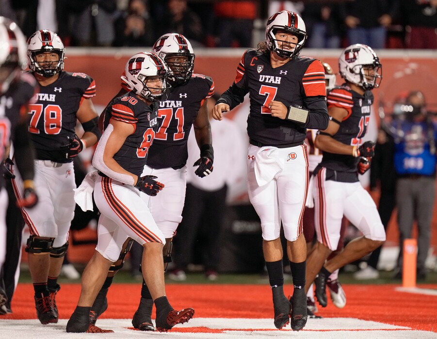 (Leah Hogsten | The Salt Lake Tribune) Utah Utes quarterback Cameron Rising (7) celebrates his first half touchdown as the University of Utah hosts the Arizona Sun Devils in Pac-12 action at Rice-Eccles Stadium, Oct. 10, 2021. 
