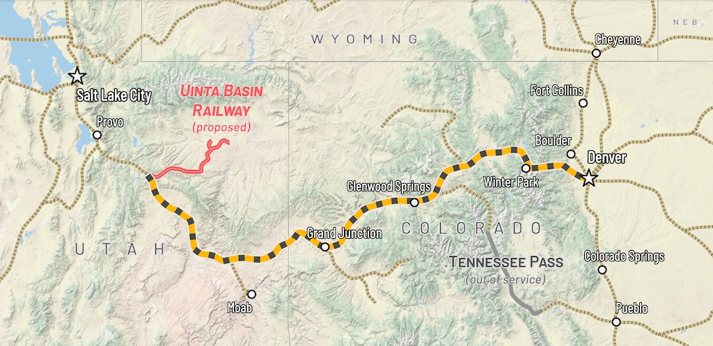 (Colorado Newsline) A map showing the route, in red, of the proposed Uinta Basin Railway in eastern Utah, along with the existing Union Pacific line, in black and gold, from Salt Lake City to Denver.