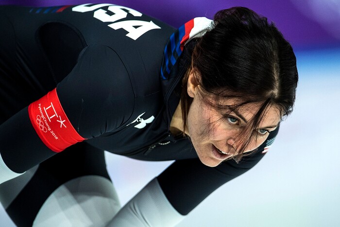 (Chris Detrick  |  The Salt Lake Tribune)  USA's Heather Bergsma after racing Netherlands' Marrit Leenstra in the Ladies' 1,000m during the Pyeongchang 2018 Winter Olympics Wednesday, Feb. 14, 2018.  Bergsma finished in 8th place with a time of 1:15.15.