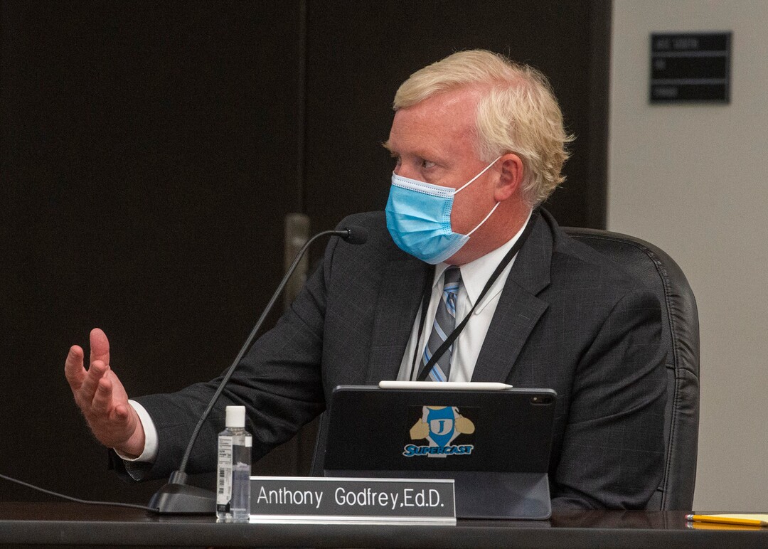 (Rick Egan  |  The Salt Lake Tribune)   Superintendent of Schools Anthony Godfrey answers a question during the Jordan School Board meeting, discussing the Covid-19 cases at Riverton High School, onWednesday, Sept. 16, 2020.