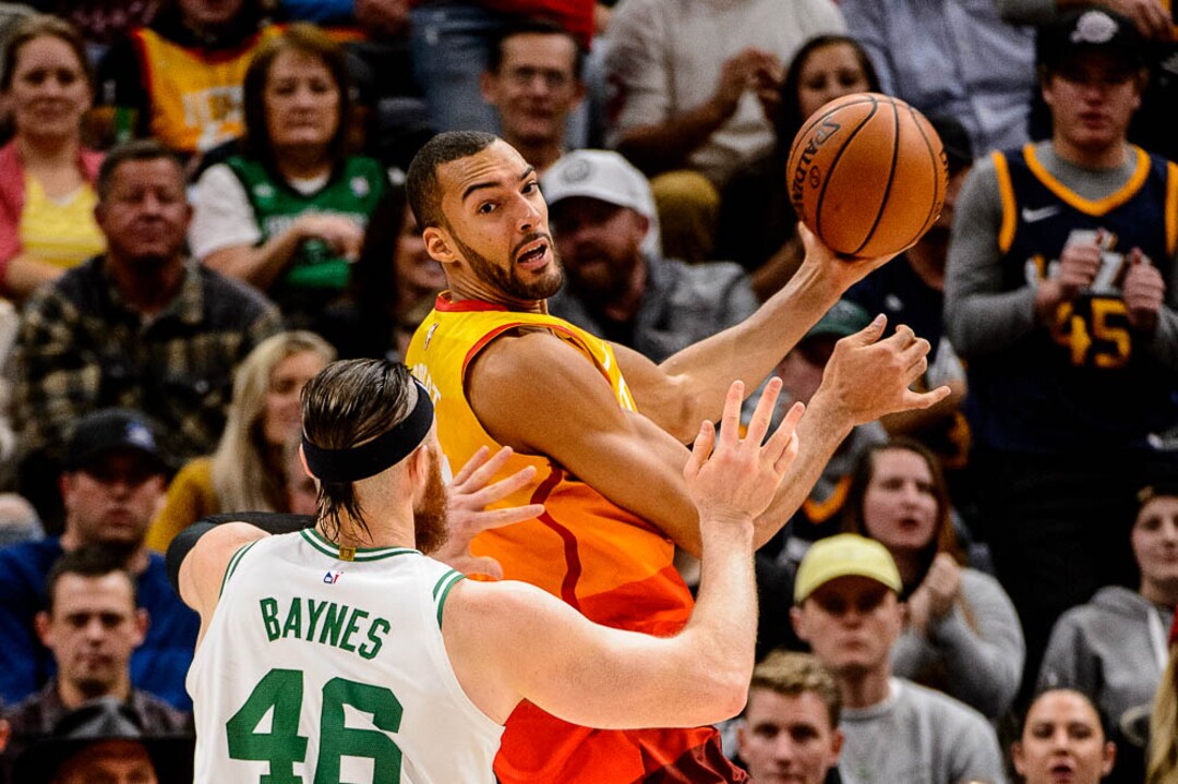 (Trent Nelson | The Salt Lake Tribune)  Utah Jazz center Rudy Gobert (27) looks to pass. Utah Jazz vs. Boston Celtics, NBA basketball in Salt Lake City on Friday Nov. 9, 2018.