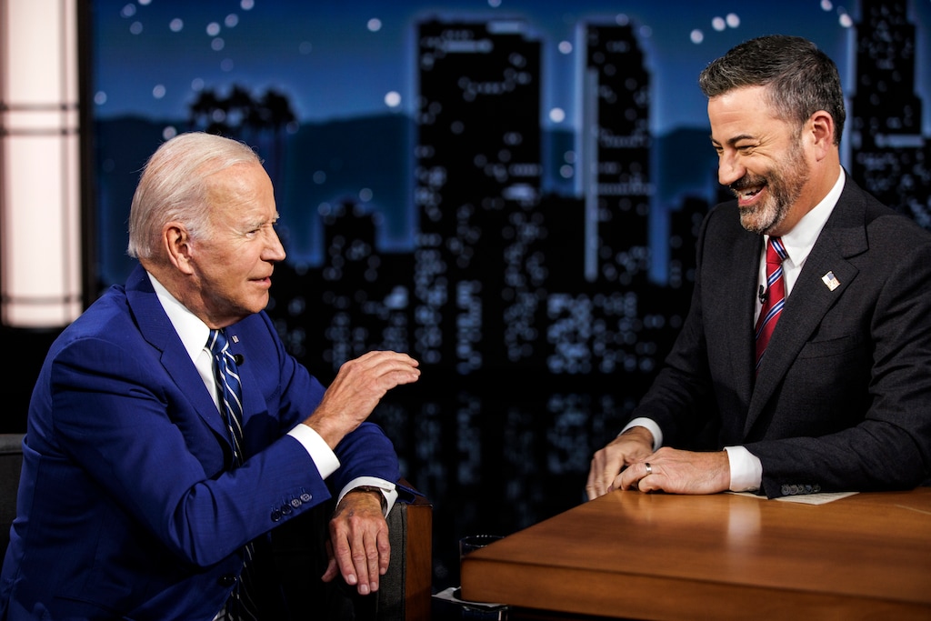 (Samuel Corum | The New York Times)

President Joe Biden, left, chats with host Jimmy Kimmel during a taping of "Jimmy Kimmel Live" in Los Angeles on Wednesday, June 8, 2022.