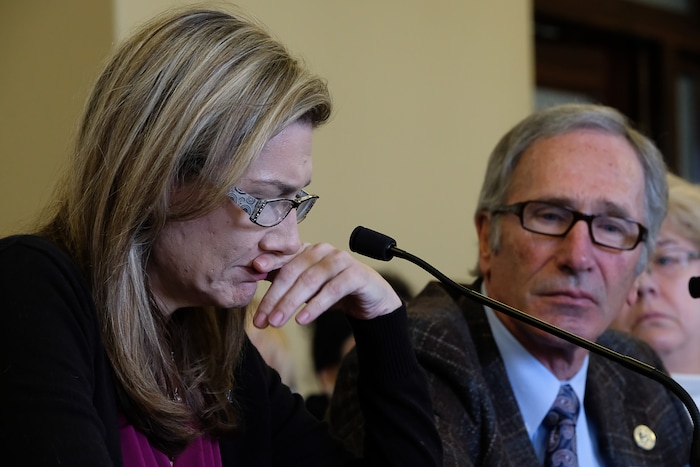 (Francisco Kjolseth  |  The Salt Lake Tribune)  Christine Stenquist, speaking as a private citizen from Kaysville, relays her personal experience with the brutal murder of her sister and the family's decision not to pursue the death penalty. Rep. Gage Froerer, R-Huntsville, at right is sponsoring HB379, which would end the death penalty in Utah.