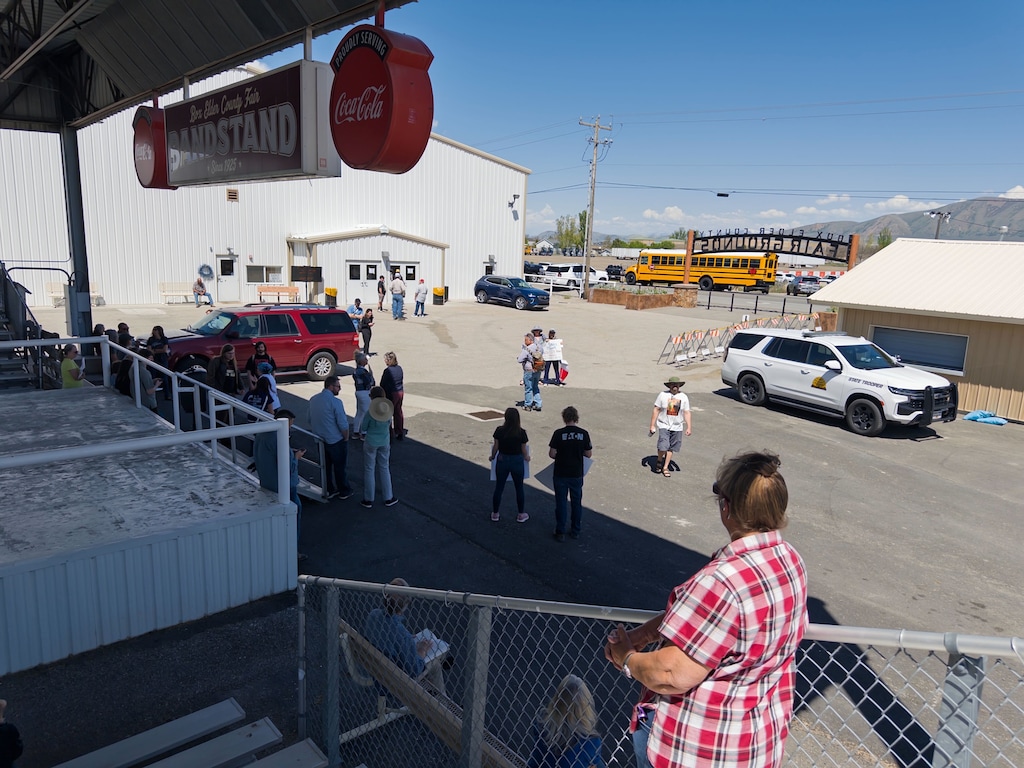 (Trevor Christensen | The Salt Lake Tribune) Utahns gather outside the Box Elder County Fairgrounds Fine Arts Building in Tremonton Monday ahead of the Box Elder County Commission's vote on the "Stratos" data center campus.