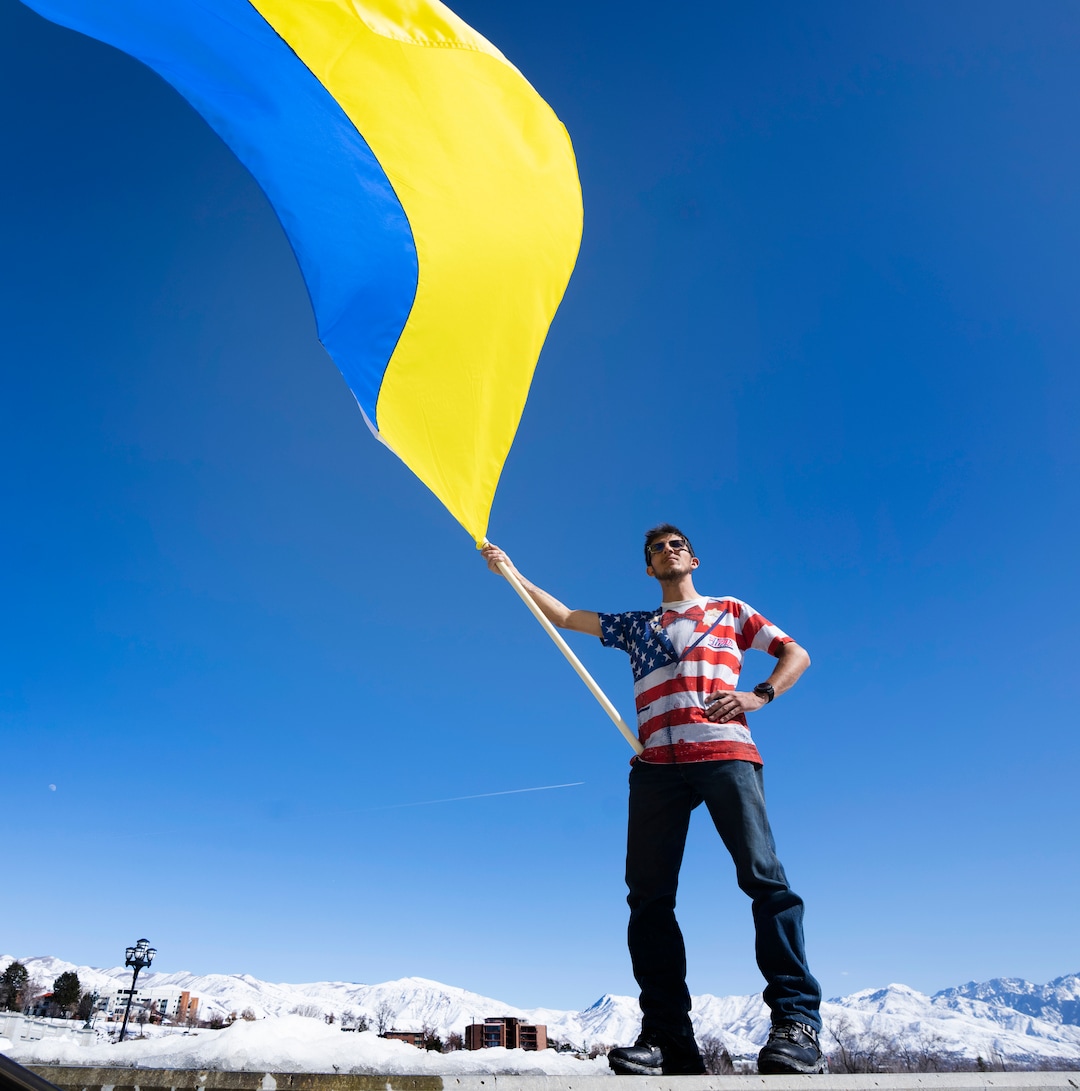 (Rick Egan | The Salt Lake Tribune) Jaden Hodges joins hundreds of protesters, for a rally against Russia's invasion of Ukraine, organized by the Utah Ukrainian association, on Saturday, March 12, 2022.
