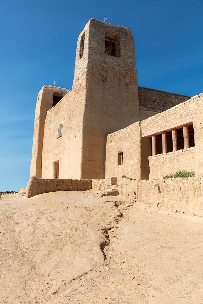 Estaban del Rey Mission Church, in the Acoma Sky City, in New Mexico, on Aug. 22, 2019. In the red rock desert of the Southwest, an ancient culture was thought to have vanished but a new view connects it to pueblo dwellers of today. (John Burcham/The New York Times)