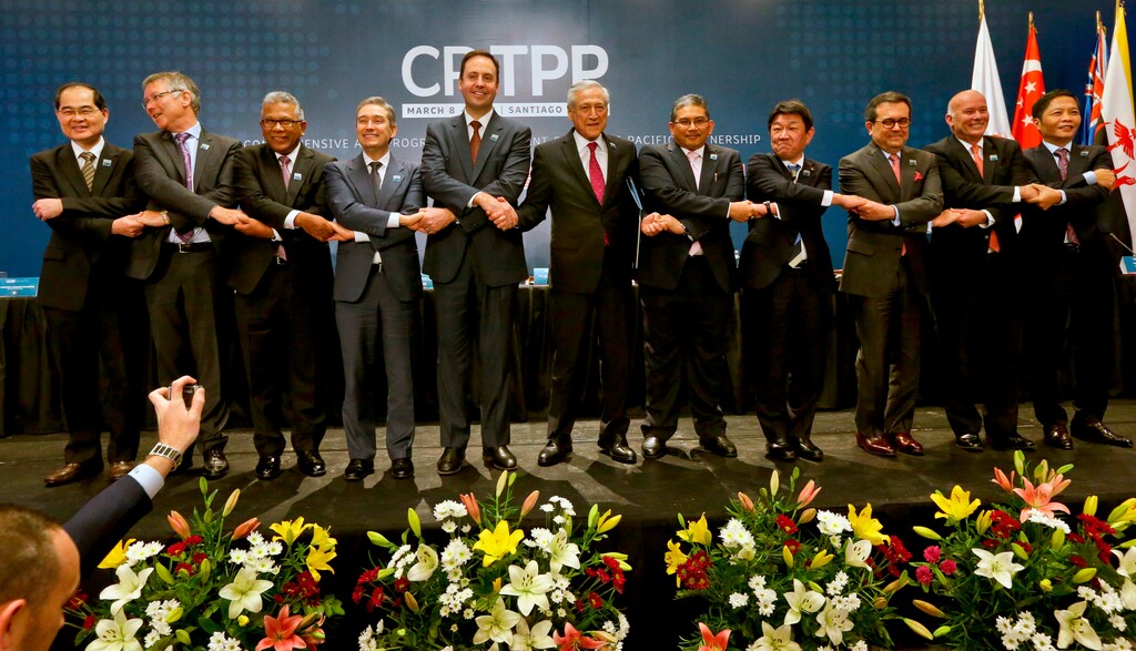 FILE - In this March 8, 2018 file photo, from left, Singapore's Minister for Trade and Industry Lim Hng Kiang, New Zealand Trade Minister David Parker, General Secretary Ministry of International Trade and Industry of Malaysia Y.bhg. Datuk J. Jayasiri, Canada's Minister of International Trade Francois-Philippe Champagne, Australian Minister for Trade and Investment Steven Ciobo, Chile's Foreing Minister Heraldo Munoz, Brunei's Foreign Minister Haji Erawan bin Pehin Yusof, Japan's Trans-Pacific Partnership minister Toshimitsu Motegi, Secretary of Economy of Mexico Idelfonso Guajardo, Peru's Trade Minister Eduardo Ferreyros and Vietnamese Trade Minister Tran Tuan Anh, poses for a pictures after the signing ceremony of the Comprehensive and Progressive Agreement for Trans-Pacific Partnership, CP TPP, in Santiago, Chile.  Japan and New Zealand are cautious about President Donald Trump's idea to re-examine a Pacific Rim trade deal that he pulled the U.S. out of shortly after taking office. Japanese officials said they welcome the move if it means that Trump is recognizing the importance of the Trans-Pacific Partnership. Japan and New Zealand are among 11 countries that signed the agreement after deciding to go ahead without the United States. (AP Photo/Esteban Felix, File)
