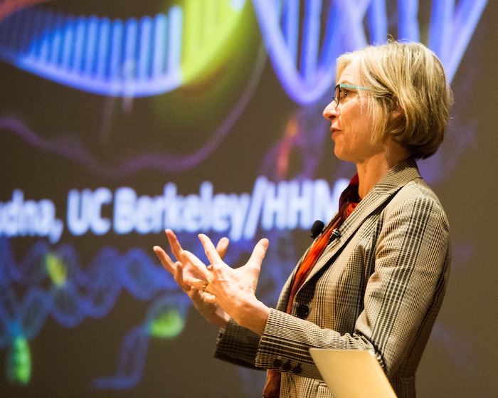 (Rick Egan  |  The Salt Lake Tribune)        UC Berkeley researcher Jennifer Doudna, gives a lecture on “Rewriting the Language of Life: The Biology, Technology and Ethics of DNA Editing."  at the Huntsman Cancer Institute, Thursday, March 22, 2018.



