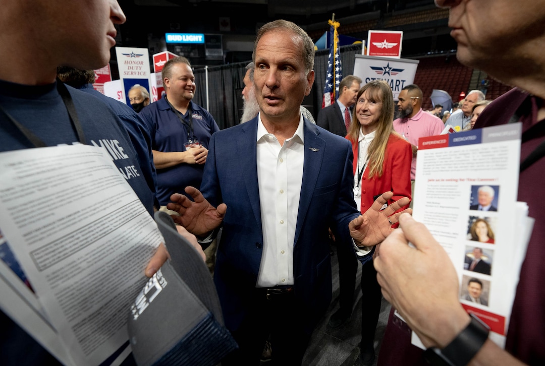 (Francisco Kjolseth | The Salt Lake Tribune) Rep. Chris Stewart speaks with delegates during the Utah Republican Party’s 2021 Organizing Convention at the Maverik Center in West Valley City on Saturday, May 1, 2021, as they return to an in-person format after the pandemic forced the nominating convention to go online last year.