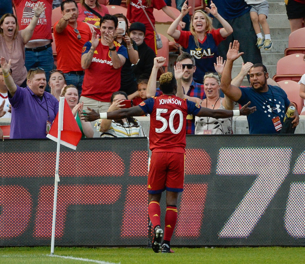 (Francisco Kjolseth  |  The Salt Lake Tribune)  Real Salt Lake forward Sam Johnson (50) celebrates the the first goal of the night as Real Salt Lake hosts Columbus Crew SC, in MLS Soccer at Rio Tinto Stadium in Sandy, Utah on Wed, July 3, 2019.