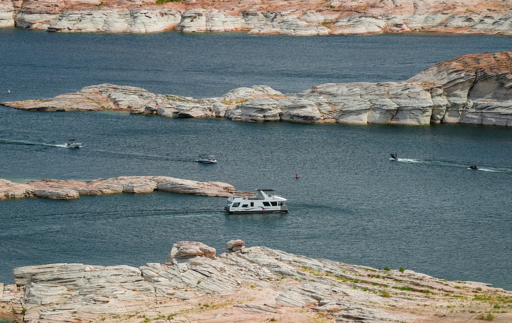 (Bethany Baker | The Salt Lake Tribune) Boaters recreate on Lake Powell near Page, Ariz. on Thursday, July 13, 2023. 