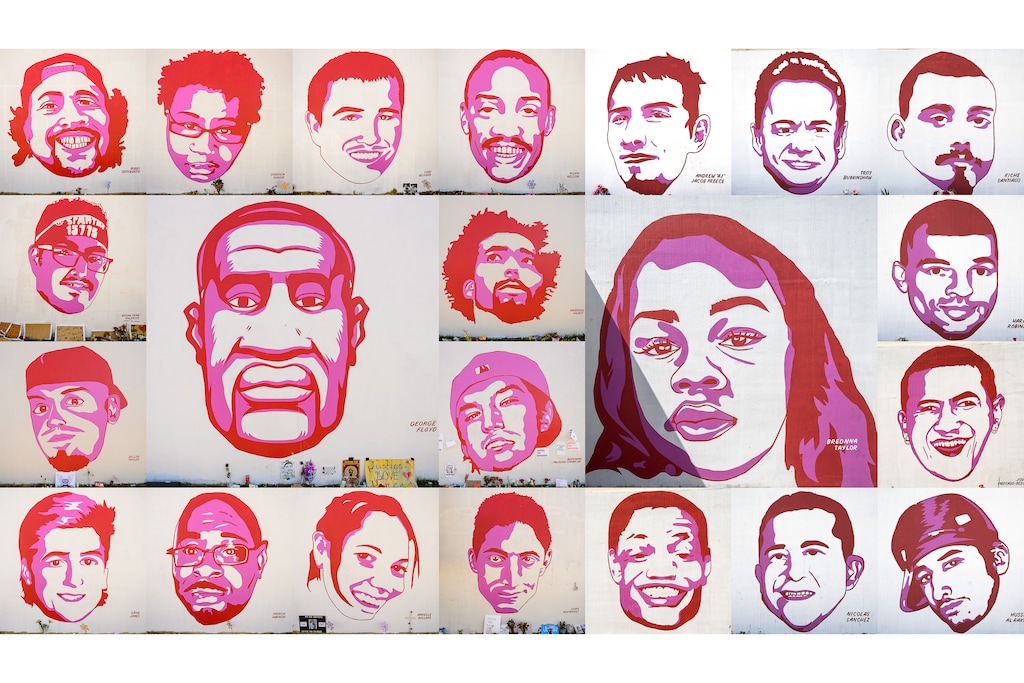 (Trent Nelson  |  The Salt Lake Tribune) Faces from a series of murals depicting people killed by police, near 800 South and 300 West in Salt Lake City.