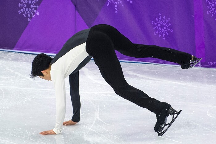 (Chris Detrick  |  The Salt Lake Tribune)  Salt Lake City's Nathan Chen falls while competing in the Men Single Skating Short Program at Gangneung Ice Arena during the Pyeongchang 2018 Winter Olympics Friday, Feb. 16, 2018. Chen finished with a score of 82.27.