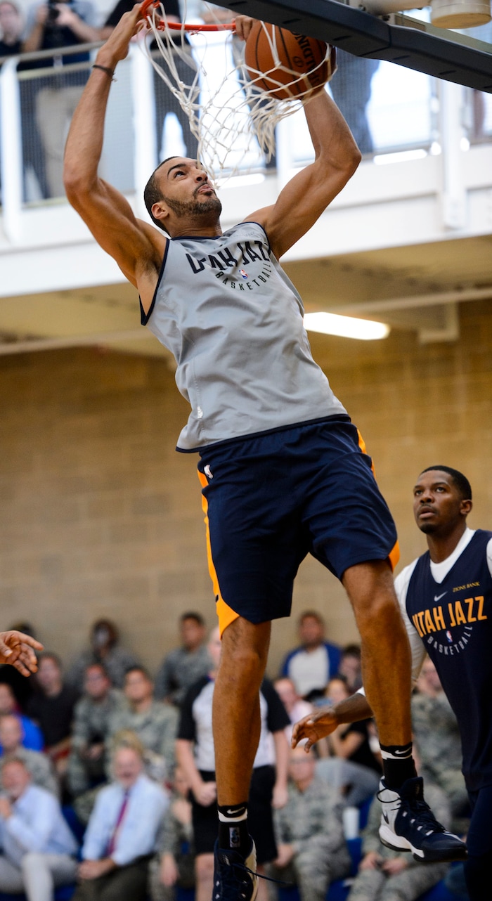 (Steve Griffin  |  The Salt Lake Tribune)    Utah Jazz center Rudy Gobert throws down a dunk as the Jazz scrimmage in the Warrior Fitness Center on Hill Air Force Base as a part of a "Hoops for Troops" promotion Ogden Friday September 29, 2017. It's also Utah's first public scrimmage of the season, and the first look at how the new pieces of the team will work together. 