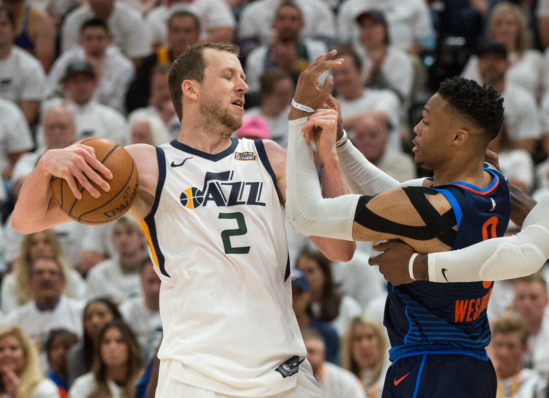 (Rick Egan  |  The Salt Lake Tribune)  Utah Jazz forward Joe Ingles (2) gets mixed up with Oklahoma City Thunder guard Russell Westbrook (0), in game 4, NBA playoff action between Utah Jazz and Oklahoma City Thunder, in Salt Lake City, Monday April 23, 2018.