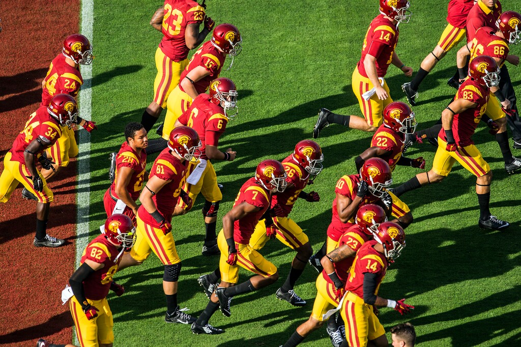 Chris Detrick | The Salt Lake Tribune
Members of the USC Trojans football team run onto the field before the game at the Los Angeles Memorial Coliseum Saturday October 24, 2015.