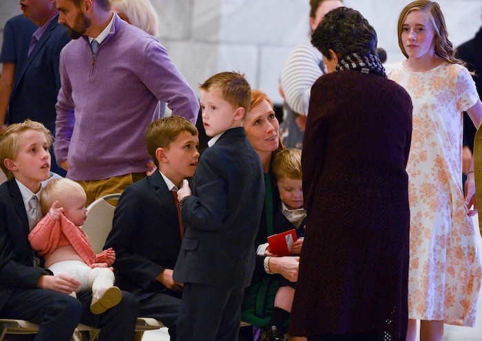 Leah Hogsten  |  The Salt Lake Tribune   Patrice Arent, D-Millcreek, right, speaks with Jennie Taylor during Chabad Lubavitch of Utah's 12th annual Hanukkah celebration at the Utah Capitol, Dec. 2, 2018. This year's event was also dedicated as 'A Salute to a Hero', in tribute to the late Maj. Brent Taylor of North Ogden, as the menorah was kindled by his wife, Jennie Taylor.