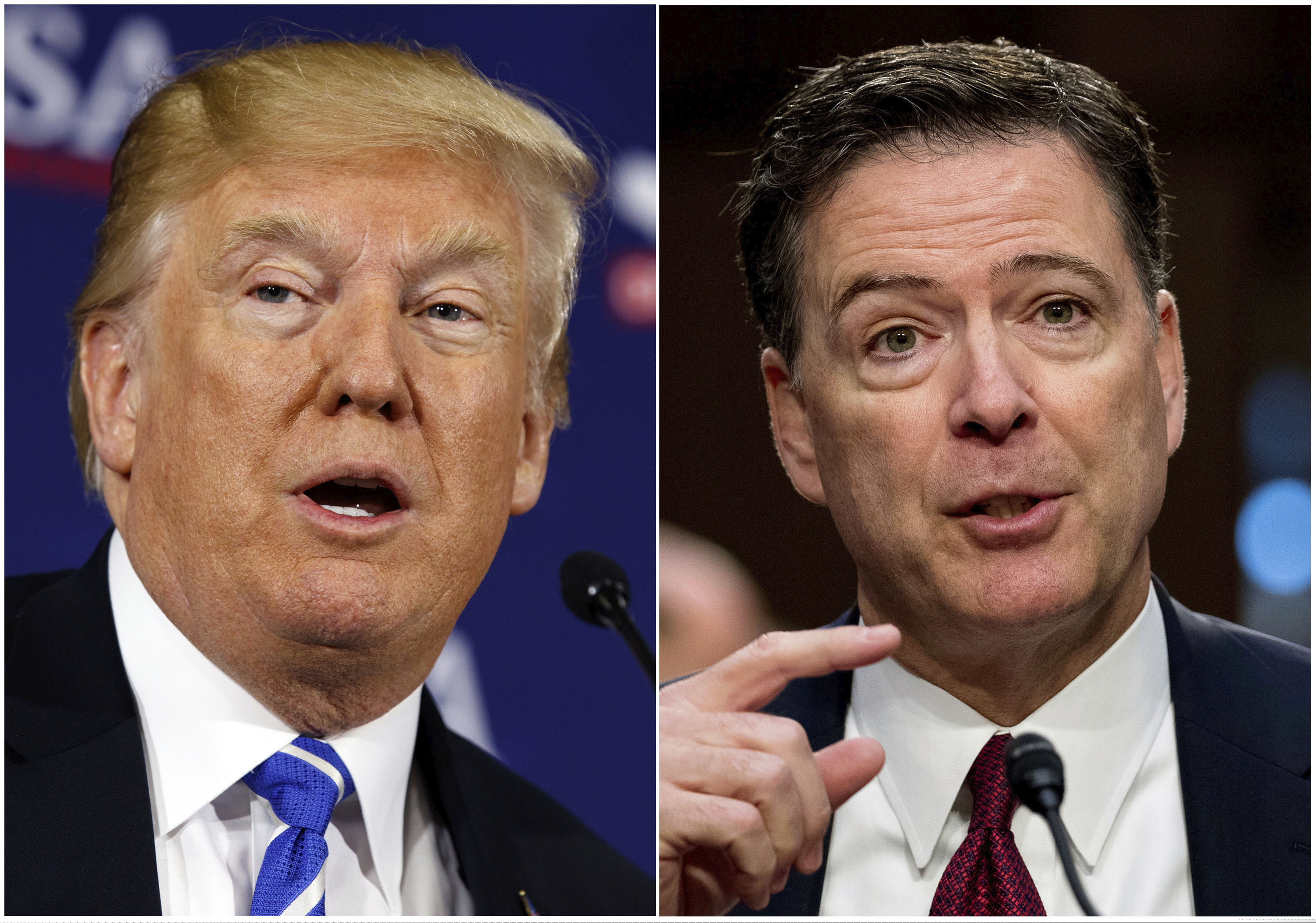 (AP file photo) This combination photo shows President Donald Trump speaking during a roundtable discussion on tax policy in White Sulphur Springs, W.Va., on April 5, 2018, left, and former FBI director James Comey speaking during a Senate Intelligence Committee hearing on Capitol Hill in Washington on June 8, 2017.