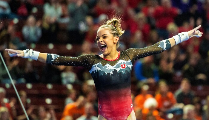(Rick Egan  |  The Salt Lake Tribune)    Hunter Dula reacts after her performance on the uneven bars for Utah, in the PAC-12 Gymnastics Championships at the Maverik Center, Saturday, March 23, 2019.


