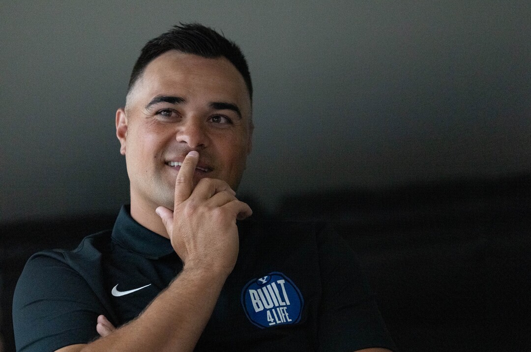 (Francisco Kjolseth | The Salt Lake Tribune) Fesi Sitake, passing game coordinator and wide receiver coach joins coaches, players and staff participating in BYU football media day in the BYU Broadcasting Building in Provo on Thursday, June 17, 2021.