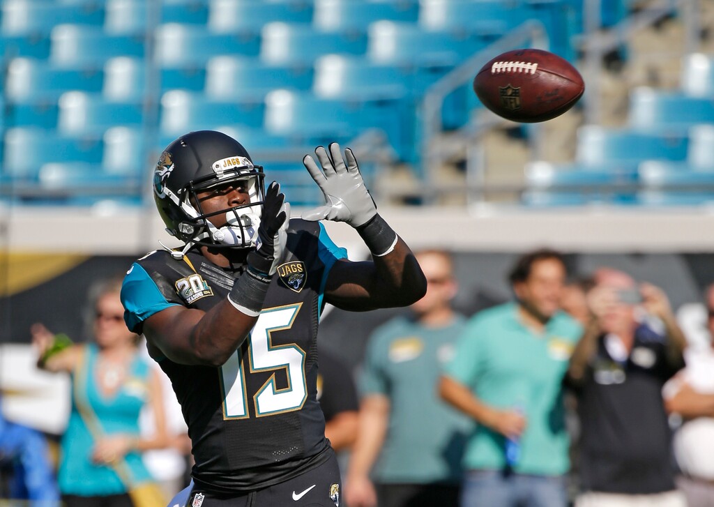 (John Raoux | AP) Jacksonville Jaguars wide receiver Chad Bumphis (15) catches a pass as he warms up prior to an NFL preseason football game against the Atlanta Falcons in Jacksonville, Fla., Thursday, Aug. 28, 2014.