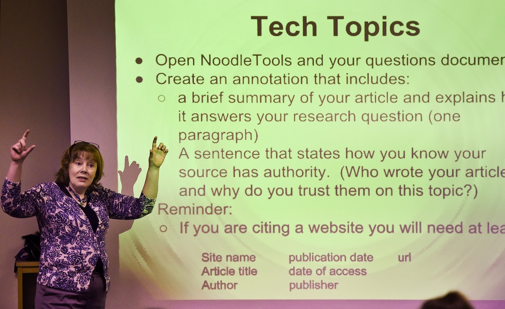 (AP Photo/Stephen Dunn)

In this, Dec. 20, 2017, photo, Kathy Malatesta, a teacher librarian at Brookfield, Conn., High School, talks about source citations during the freshman Digital Student class. The required class teaches media literacy skills and has the students scrutinize sources for their on-line information.