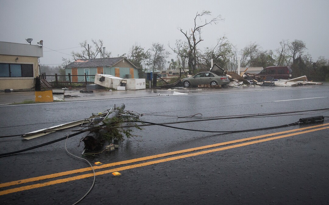 (Nick Wagner | Austin American-Statesman via AP) Debris is strewn all over after Hurricane Harvey ripped through in Rockport, Texas, on Saturday, Aug. 26, 2017.  The fiercest hurricane to hit the U.S. in more than a decade spun across hundreds of miles of coastline where communities had prepared for life-threatening storm surges, walls of water rushing inland.