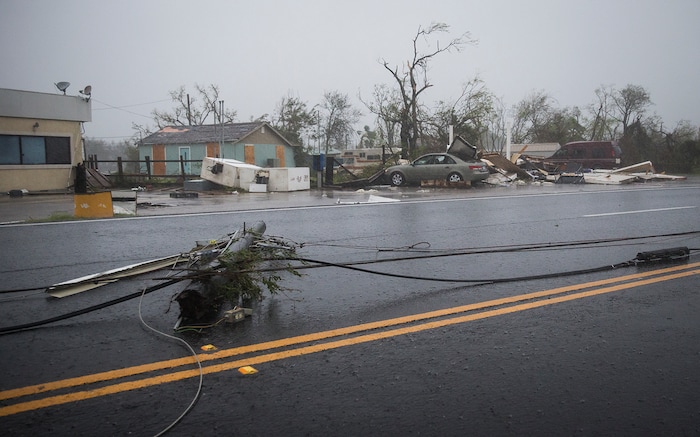 (Nick Wagner | Austin American-Statesman via AP) Debris is strewn all over after Hurricane Harvey ripped through in Rockport, Texas, on Saturday, Aug. 26, 2017.  The fiercest hurricane to hit the U.S. in more than a decade spun across hundreds of miles of coastline where communities had prepared for life-threatening storm surges, walls of water rushing inland.
