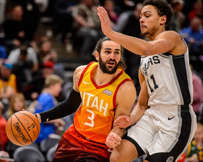 (Trent Nelson | The Salt Lake Tribune)  
Utah Jazz guard Ricky Rubio (3) drives on San Antonio Spurs guard Bryn Forbes (11) as the Utah Jazz host the San Antonio Spurs, NBA basketball in Salt Lake City on Saturday Feb. 9, 2019.