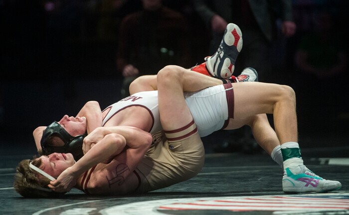 (Rick Egan  |  The Salt Lake Tribune)   Jarett Jorgensen (Morgan) wrestles Kalob Nybo (Juab) in the 120 weight class, in the3A State Wrestling at UVU in Orem, Saturday, February 10, 2018.