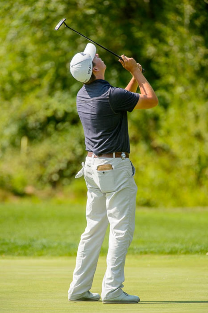 (Trent Nelson | The Salt Lake Tribune)  
Zahkai Brown reacts to a missed putt on the 17th hole the Utah Open golf tournament at Provo's Riverside Country Club, Sunday Aug. 19, 2018.