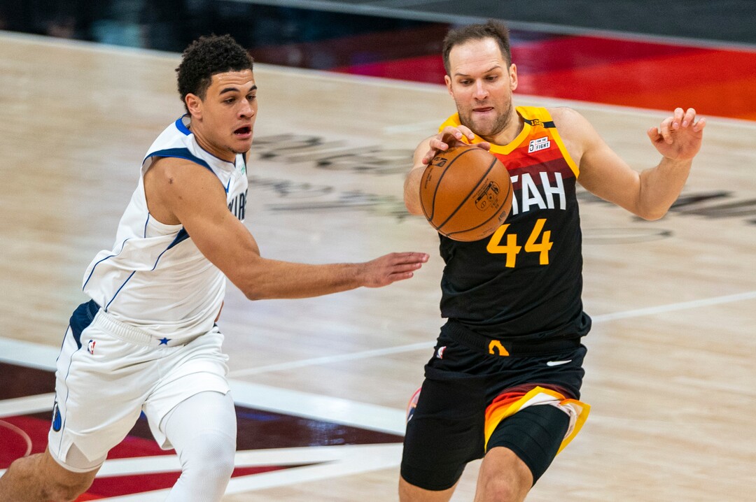 (Rick Egan | The Salt Lake Tribune) Utah Jazz forward Bojan Bogdanovic (44) goes for the ball along with Dallas Mavericks guard Josh Green (8), in NBA action between the Utah Jazz and the Dallas Mavericks at Vivint Arena, on Friday, Jan. 29, 2021.