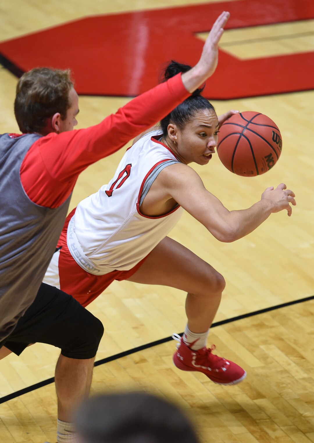 (Francisco Kjolseth  |  The Salt Lake Tribune)  Kiana Moore of the Utah women's basketball team practices at the Jon Huntsman Center on Wed. Jan. 2, 2019, as they prepare for their next game on Friday. The team guided by coach Lynne Roberts has them rolling 12-0, in one of the best starts in program history.