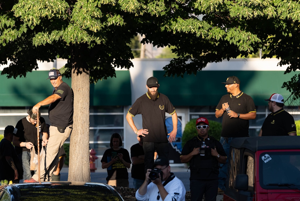 (Francisco Kjolseth | The Salt Lake Tribune) Members of the Proud Boys, a far-right, neo-fascist group join protesters as they swarm the Granite school board of education meeting on Tuesday, July 6, 2021, opposing the teaching of critical race theory in schools, despite that it’s currently not being taught anywhere in Utah.