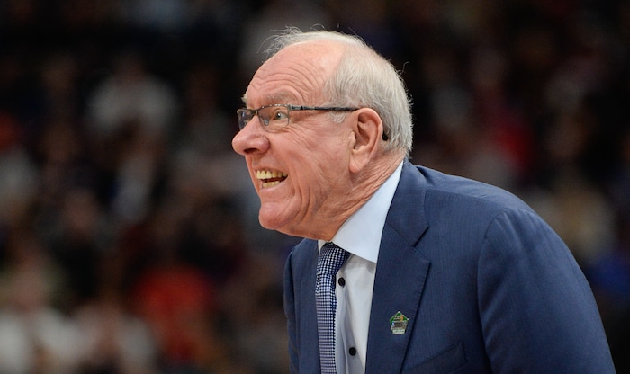 (Francisco Kjolseth  |  The Salt Lake Tribune)  Syracuse head coach Jim Boeheim bears his teeth as Syracuse faces Baylor in their first round menÕs NCAA March Madness tournament game at Vivint Smart Home Arena in Salt Lake City on Thursday, March 21, 2019.