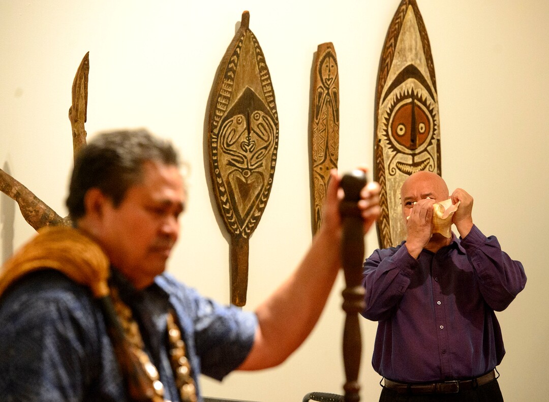 (Steve Griffin  |  The Salt Lake Tribune)  High Talking Chief Namulauulu Tavan, left, and Nephi Prime join members of Salt Lake City's Pacific Islander community as they blesses the Arts of the Pacific gallery in the newly renovated Utah Museum of Fine Arts on the University of Utah campus in Salt Lake City Tuesday August 8, 2017.  Elders from the local Maori and Samoan communities performed ceremonial dances, chants and oration to welcome the objects back on view and to thank Museum staff for continued care of their cultural objects.
