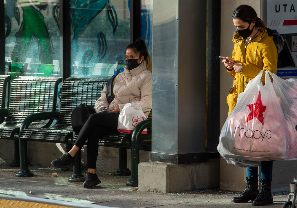 (Rick Egan | The Salt Lake Tribune) Shoppers and commuters wear masks in downtown Salt Lake City, Monday, Nov. 30, 2020. Utah's unemployment rate was at 4.3% for November, compared to 6.7% for the U.S. as a whole.