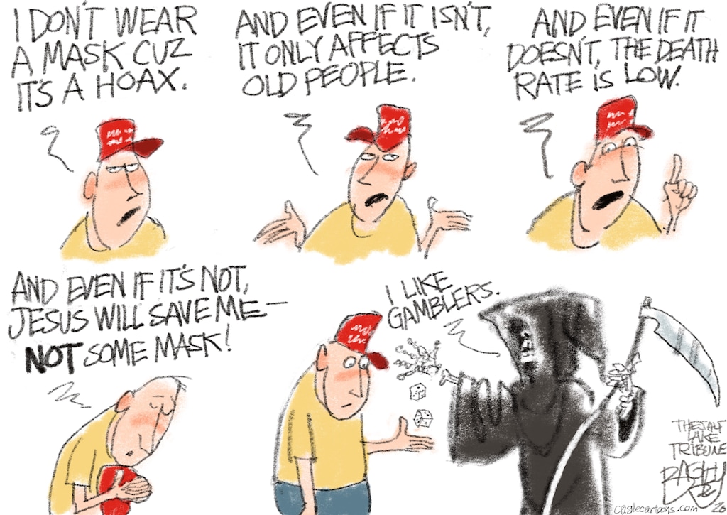 (Pat Bagley | The Salt Lake Tribune) This cartoon, titled "Playing Dice With Death," appears in The Salt Lake Tribune on Wednesday, July 1, 2020.