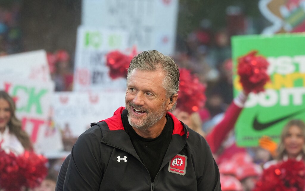 (Chris Samuels | The Salt Lake Tribune) Utah football coach Kyle Whittingham makes an appearance on ESPN’s College GameDay college football show on the university campus in Salt Lake City, Saturday, Oct. 28, 2023.