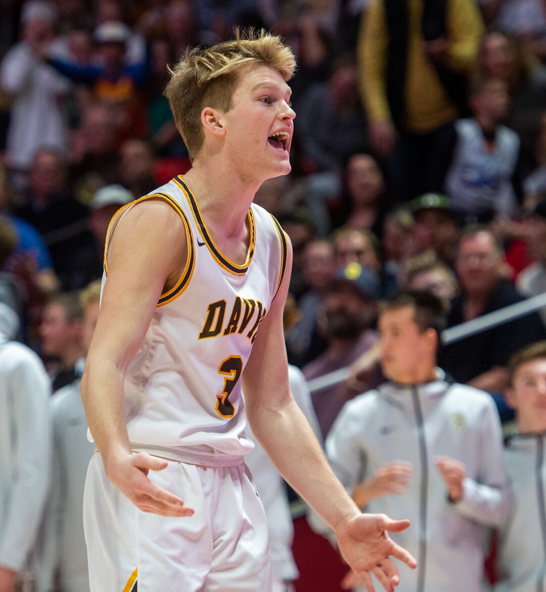 (Rick Egan  |  The Salt Lake Tribune)   Davis High guard Jake Sampson (3) pleads his case with the official, in the 6A championship game at the Jon M. Huntsman Center, Saturday Feb. 29, 2020