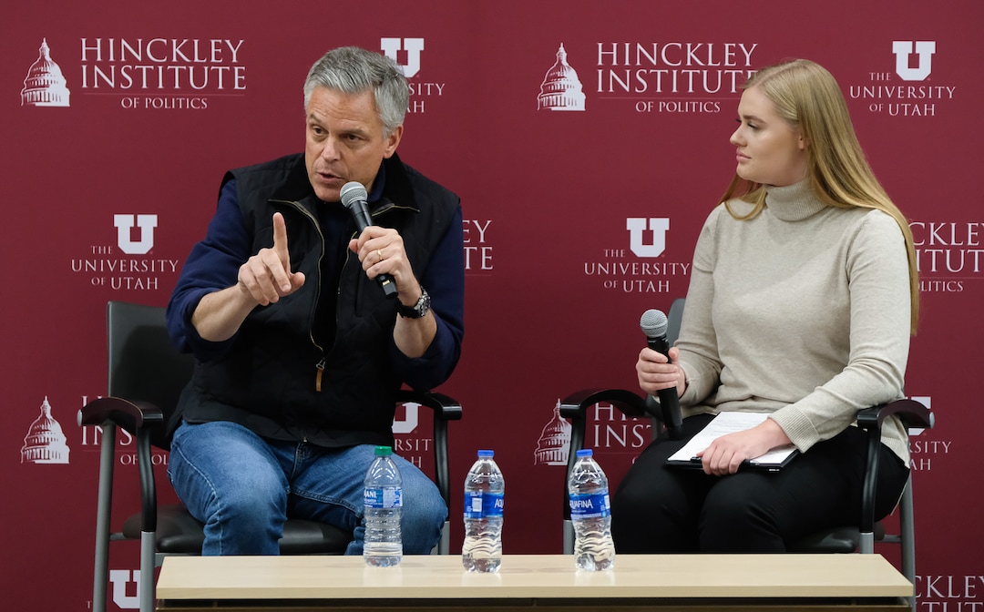 (Francisco Kjolseth  |  The Salt Lake Tribune)  Former Utah Governor and Ambassador Jon Huntsman sits down with ASUU Student Body President Annamarie Barnes at the Hinckley Institute of Politics on the University of Utah campus on Thursday, Dec. 5, 2019, to discuss his long career in public service spanning from Utah's Governor's Mansion to Chinese and Russian ambassadorships and examine the increasing significance Utah plays in our globalized world.