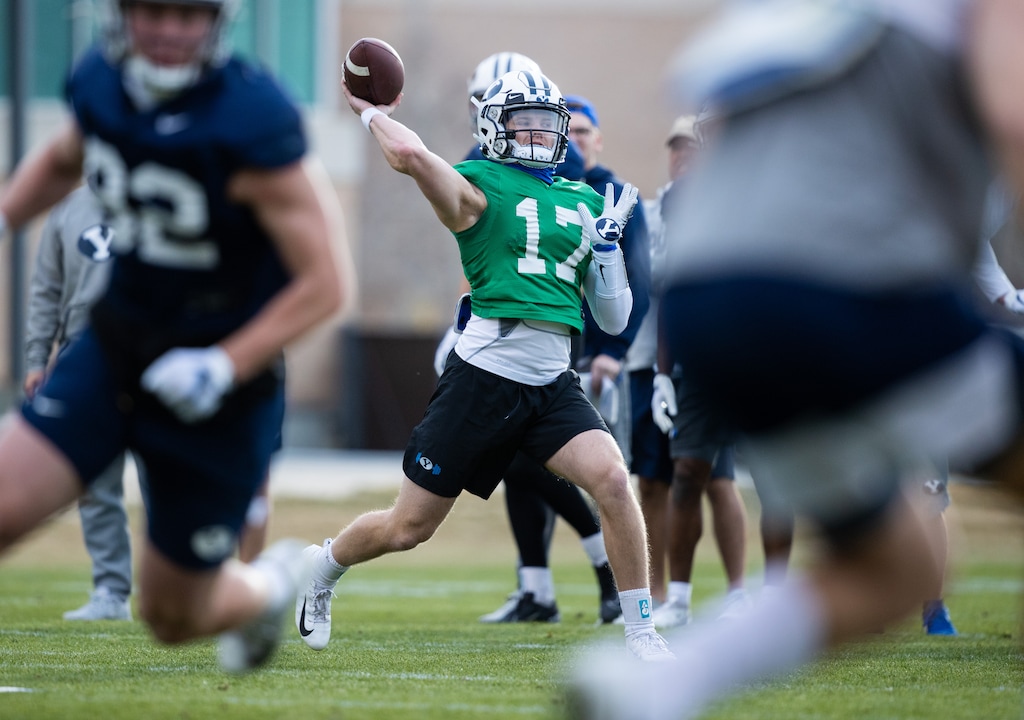 (Jaren Wilkey | BYU Athletics) Freshman Jacob Conover looks to make a pass during a recent spring football practice, Monday, March 8, 2021. Conover is amongst those fighting for the starting quarterback position.