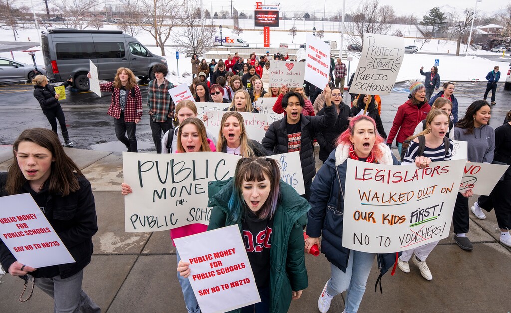 (Rick Egan | The Salt Lake Tribune)  Students and teachers from East High School, walk out of school to protest the HB15 voucher bill, on Wednesday, Jan. 25, 2023.