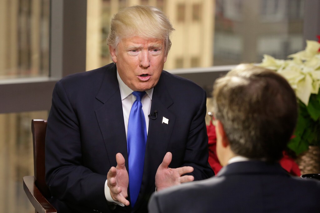 FILE - In this Saturday, Dec. 10, 2016, file photo, President-elect Donald Trump is interviewed by Chris Wallace of "Fox News Sunday" at Trump Tower in New York. (AP Photo/Richard Drew, File)