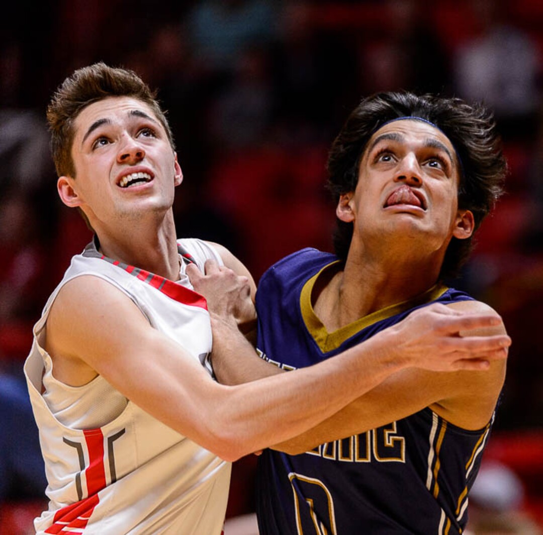 (Trent Nelson | The Salt Lake Tribune)  Skyline vs. Bountiful, 5A State high school basketball tournament at the Huntsman Center in Salt Lake City, Wednesday Feb. 28, 2018. Bountiful's Jadon Chism (12) and Skyline's Anish Singh (0).