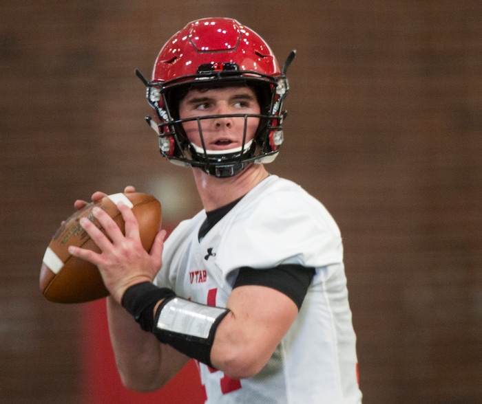 (Rick Egan  |  The Salt Lake Tribune)    Utah freshman quarterback Jack Tuttle works out on the first day of Spring practice, Monday, March 5, 2018.


